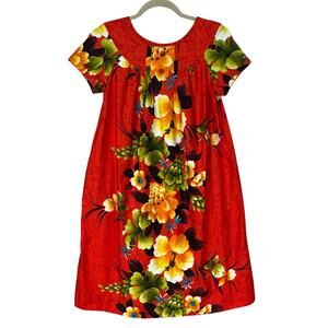Vintage 60s Reef Hawaiian Muumuu Dress Size XS Floral Aloha Midi Red Tiki Tropic